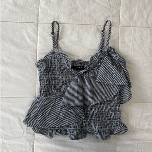 Storia Black and White Striped Ruffled Top